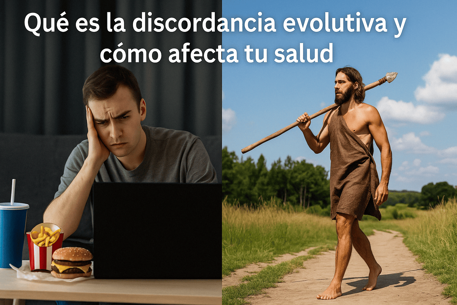 Imagen comparativa entre el estilo de vida moderno con comida rápida y tecnología, y un estilo de vida ancestral natural y activo